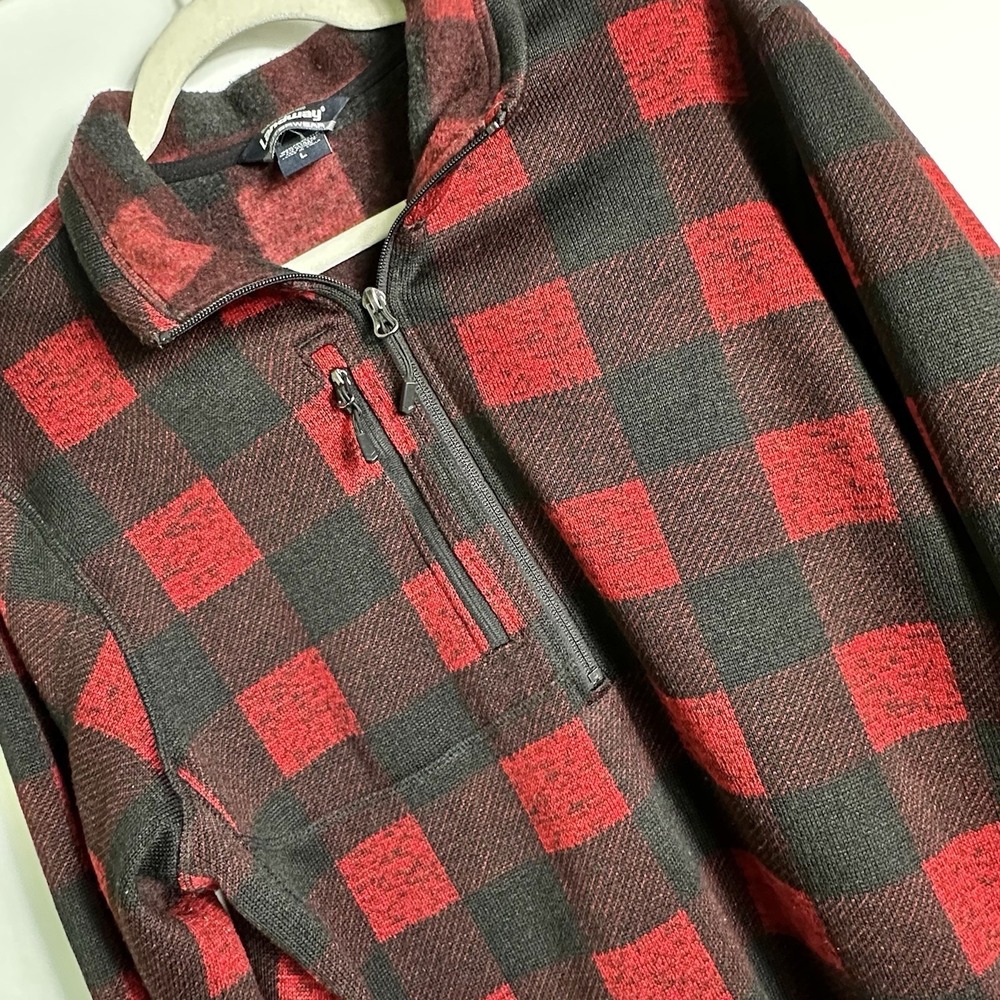 Landway‎ Buffalo Plaid Fleece Pullover Red Black Quarter Zip Unisex Size L  VGC